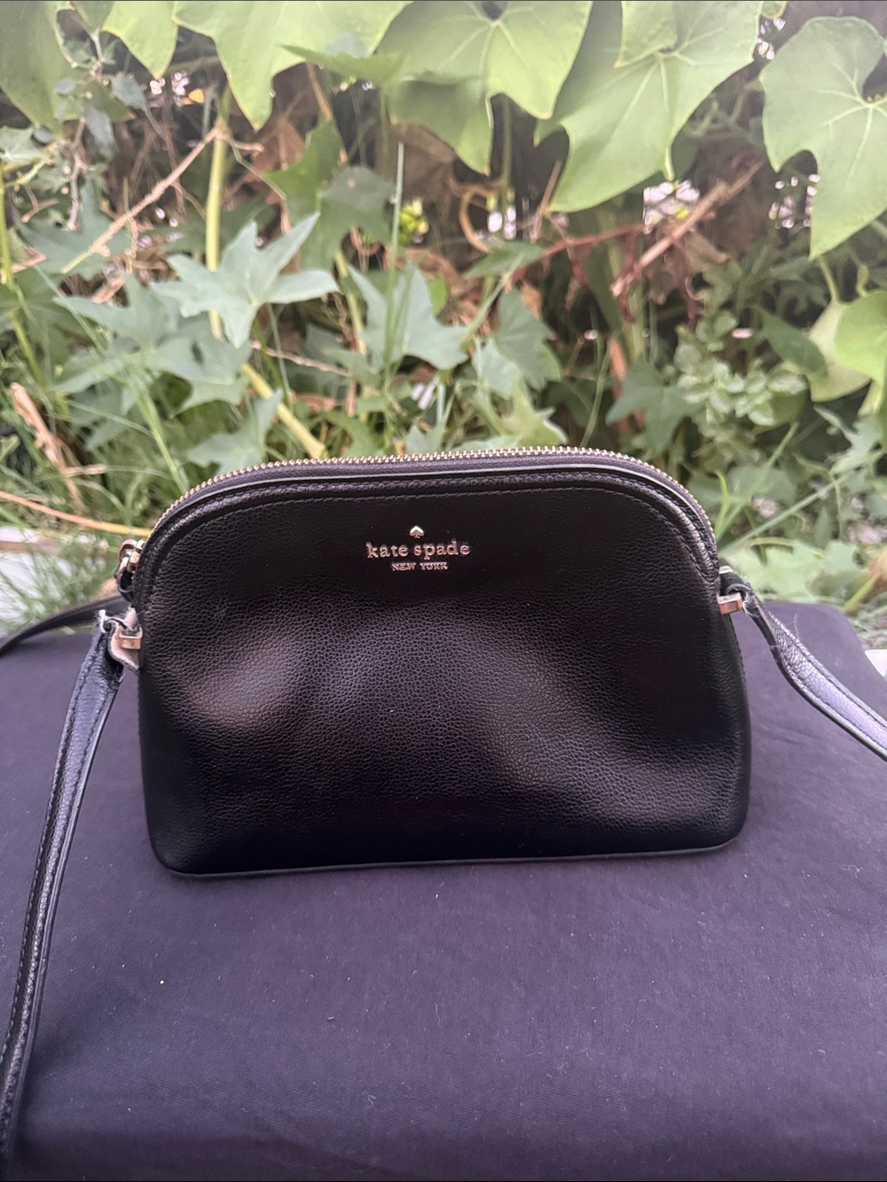 kate spade black leather crossbody camera bag with gold logo